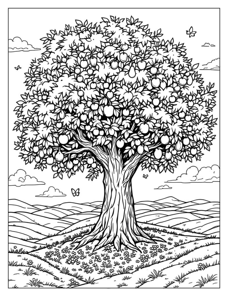 A beautiful tree with different fruits and leaves.

