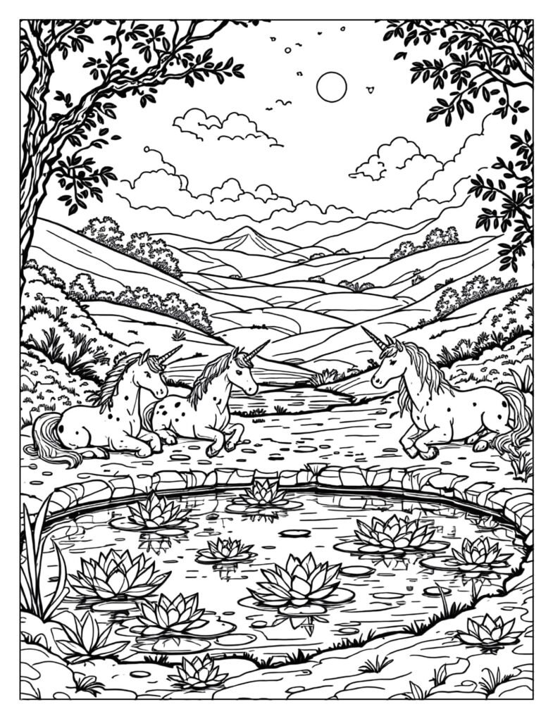 Students and unicorns resting by magical water lily pond coloring page