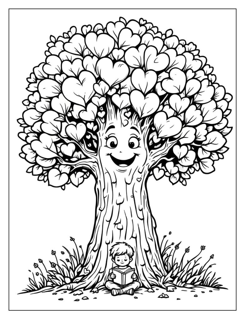 A sturdy tree with a smiling face and heart-shaped leaves, with a child reading underneath.