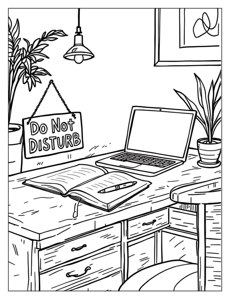A writer's desk with a "Do Not Disturb" sign.

