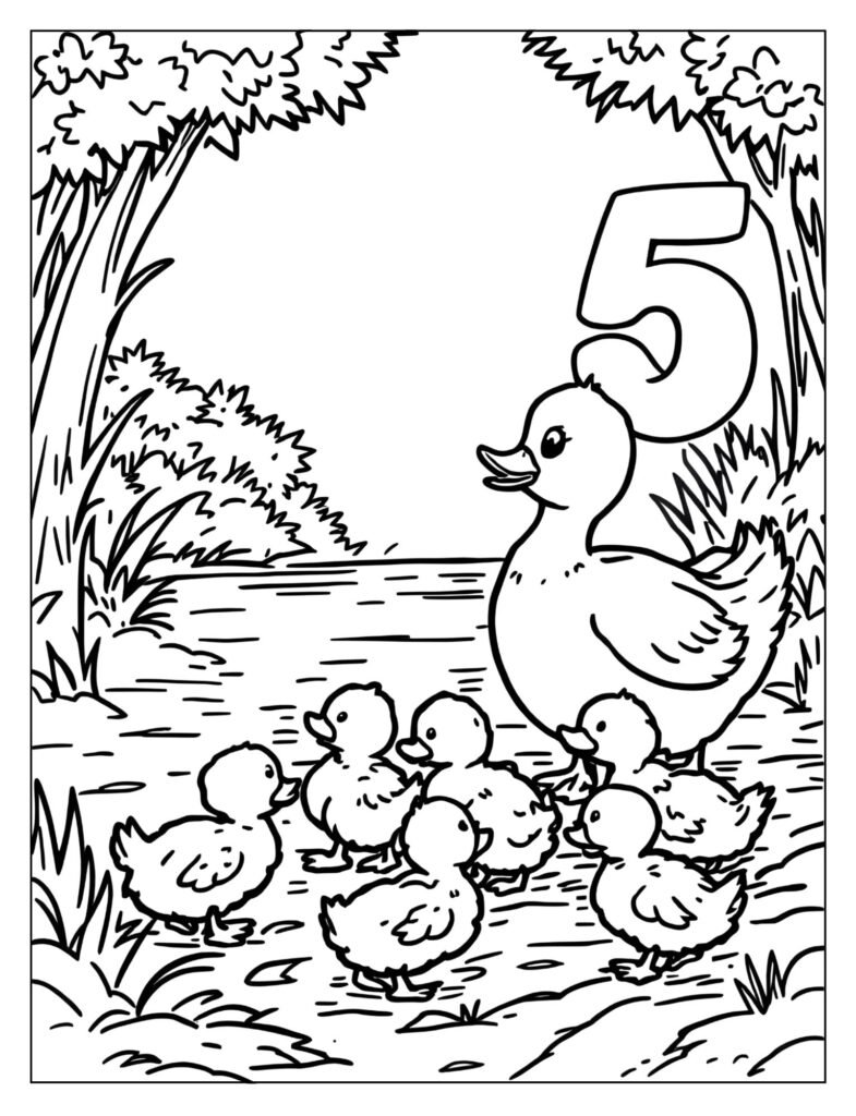 Mother Duck calling, with only four ducklings returning, and the number 4 is prominently displayed next to the group.