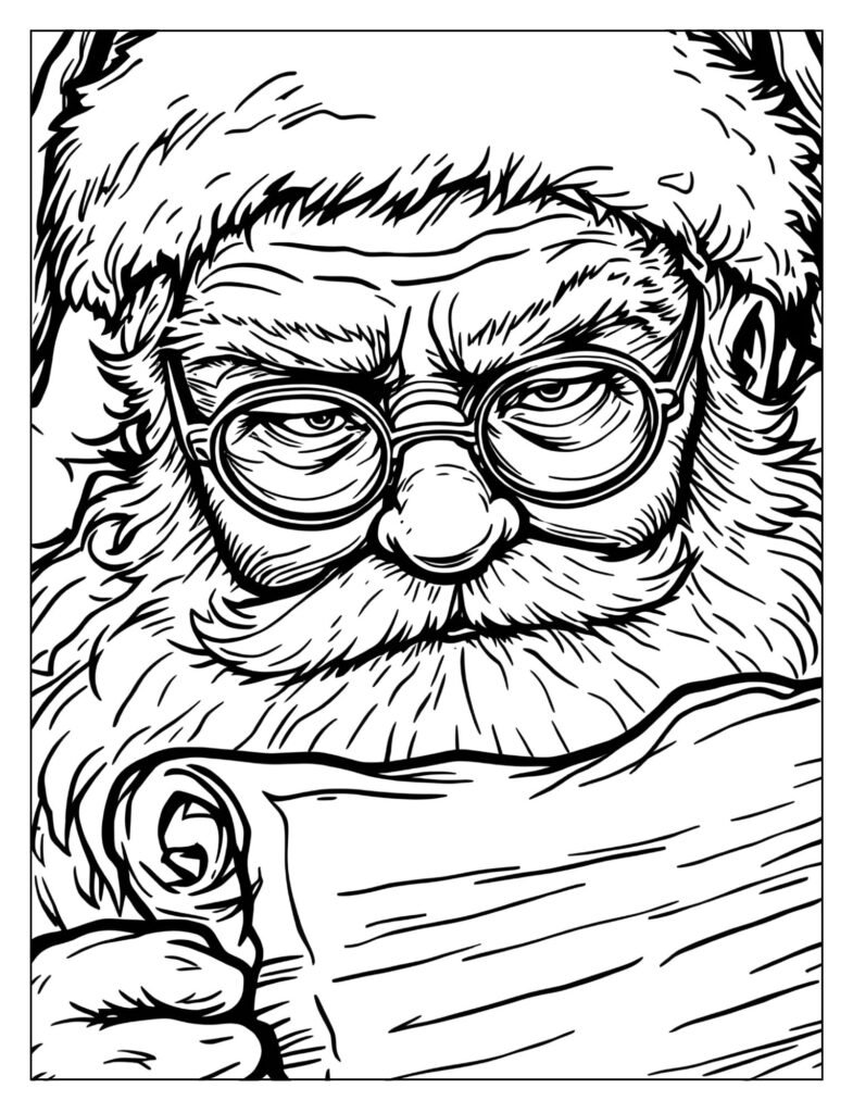 Close-up of Santa's eyes and spectacles, showing his concentrated expression as he is reading or reviewing a list.
