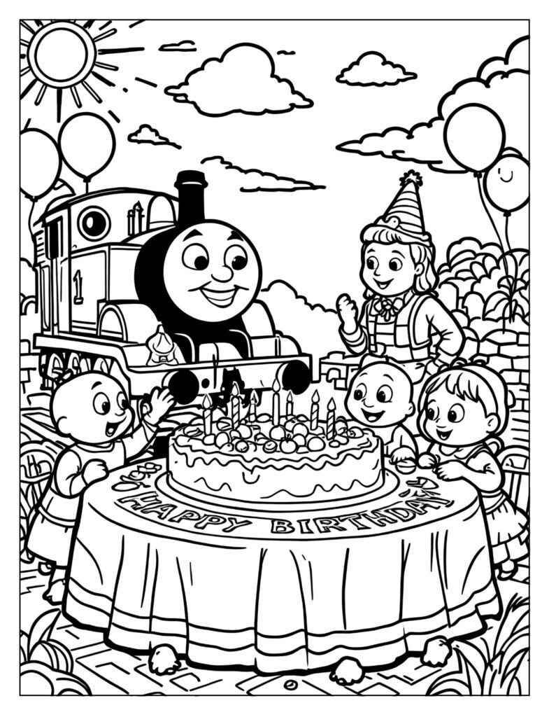 Thomas and friends celebrating with a big birthday cake coloring page