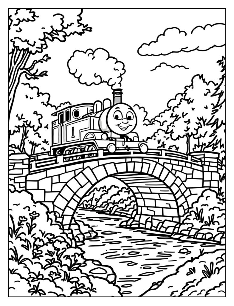 Thomas crossing Knapford Bridge coloring page