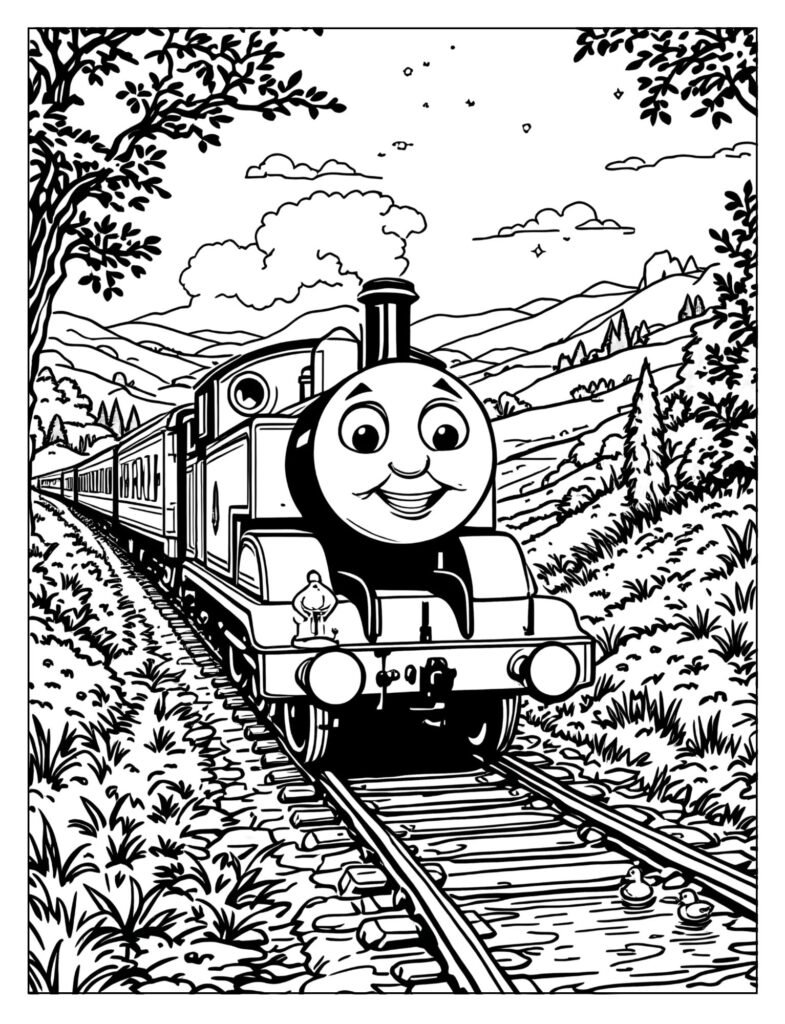 Happy Thomas the Tank Engine puffing down tracks coloring page