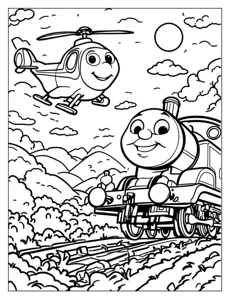 Thomas watching Harold the Helicopter fly coloring page