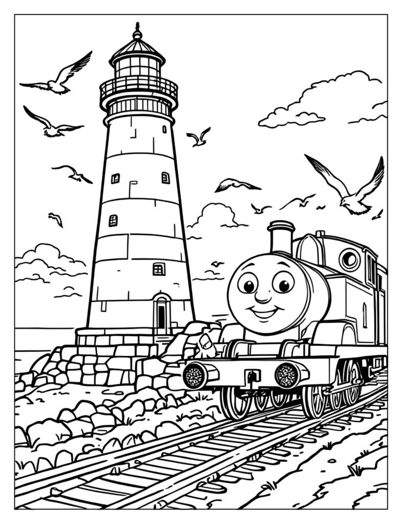 Thomas at Sodor Lighthouse with gulls coloring page