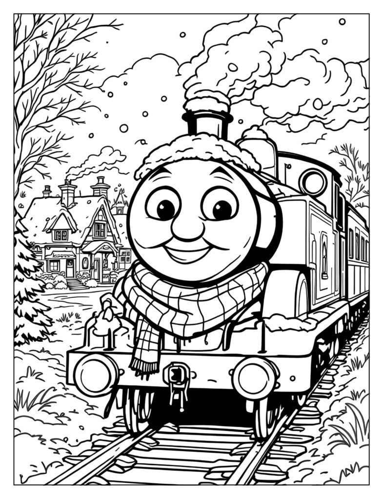 Thomas the train in a snowy winter scene coloring page