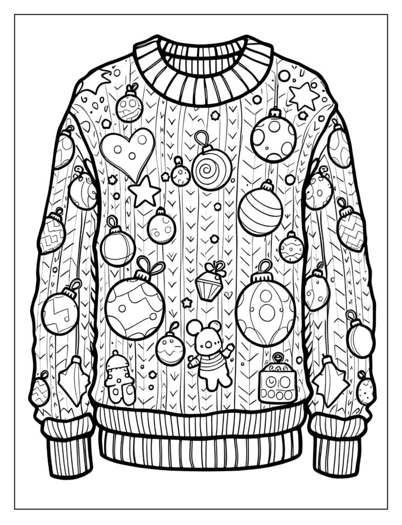Sweater featuring large, textured pom-pom or bauble shapes protruding from the surface, surrounded by simple knit lines.