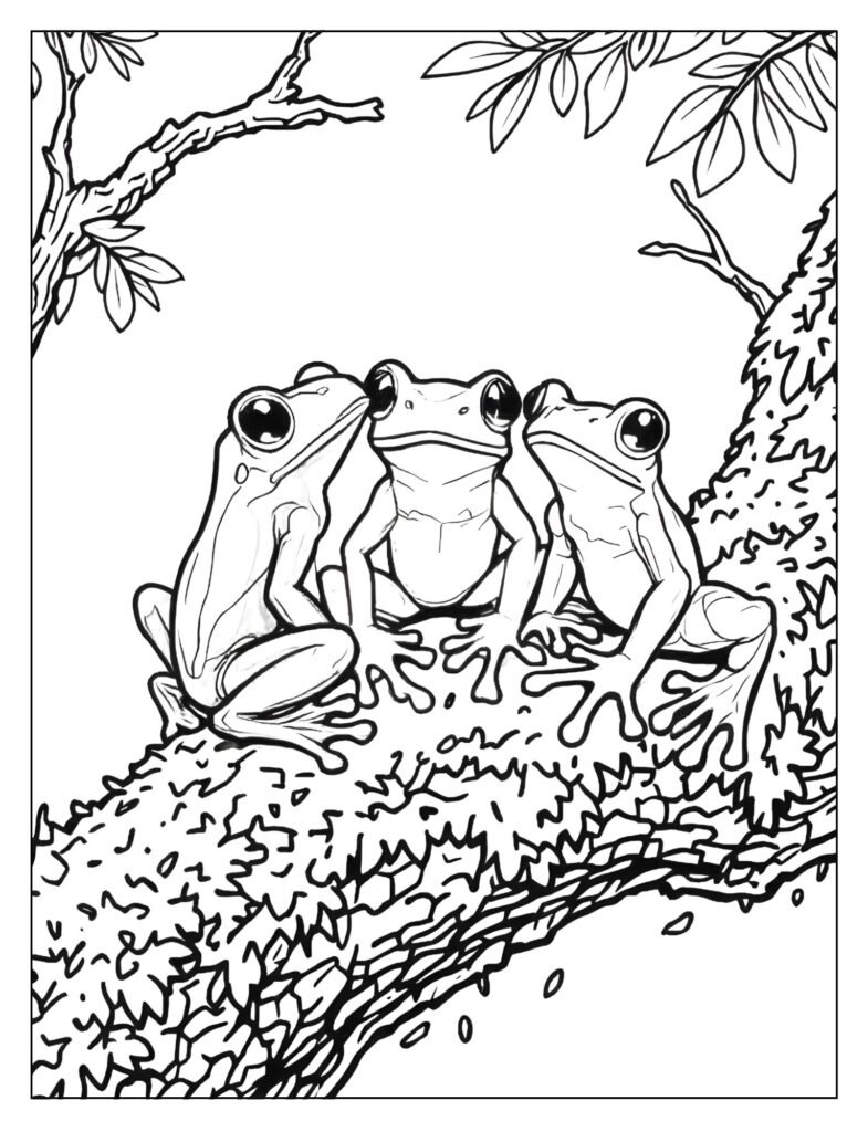 Three small, poison dart frogs sitting together on a branch, outlined so they can be colored with three completely different color schemes.