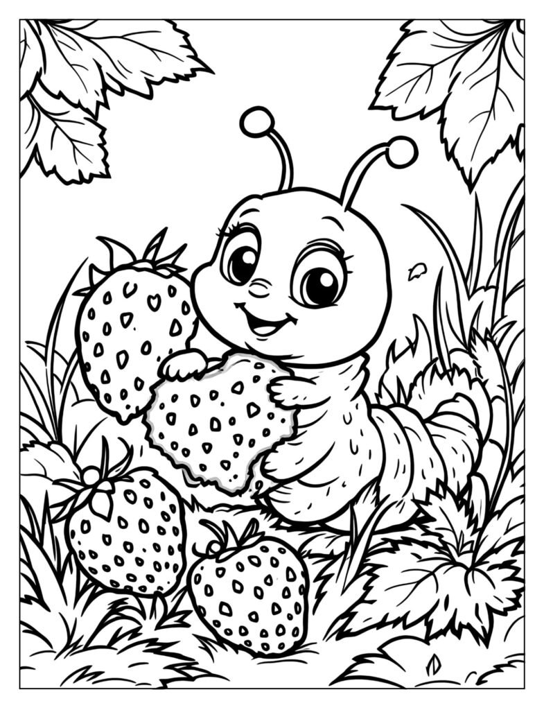 The hungry caterpillar eating through four red strawberries.
