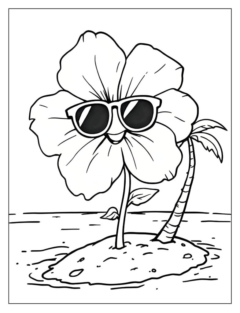 Simplified, cute cartoon drawing of a small, happy Hibiscus flower wearing sunglasses, sitting on a tiny desert island.
