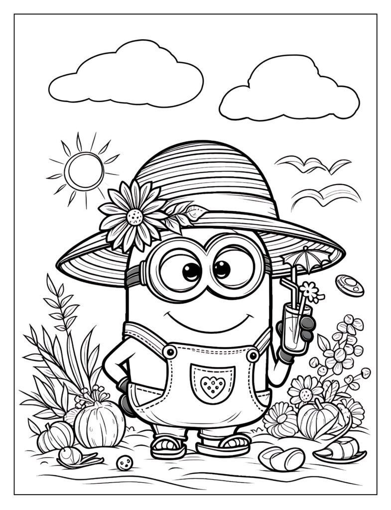 An outline illustration focusing on a single Minion, emphasizing its small size but expressive features, designed for coloring.