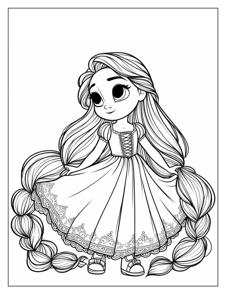 A black and white illustration of a small, cute Rapunzel playfully twirling her long hair, ready for coloring.