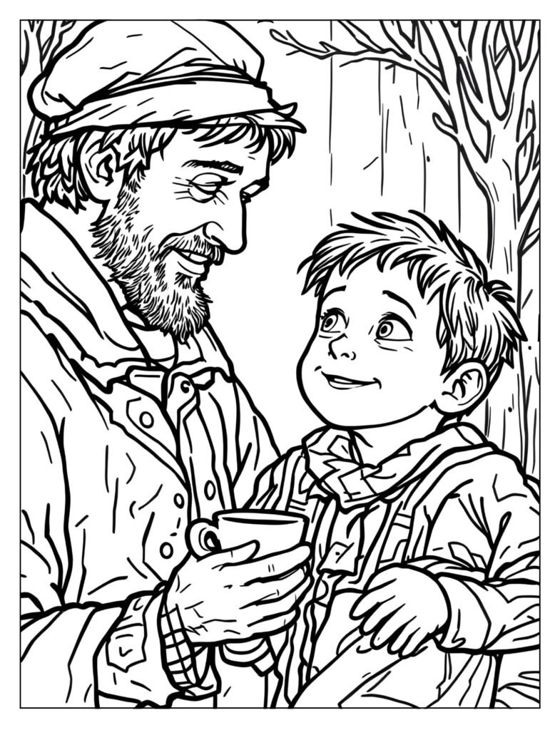 Close-up drawing of Tiny Tim, frail but cheerful, holding up his little cup and saying, "God bless Us, Every One!"
