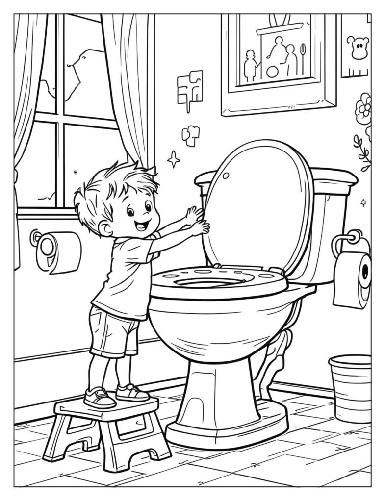 A child standing on a step stool to reach the big toilet with a seat insert.