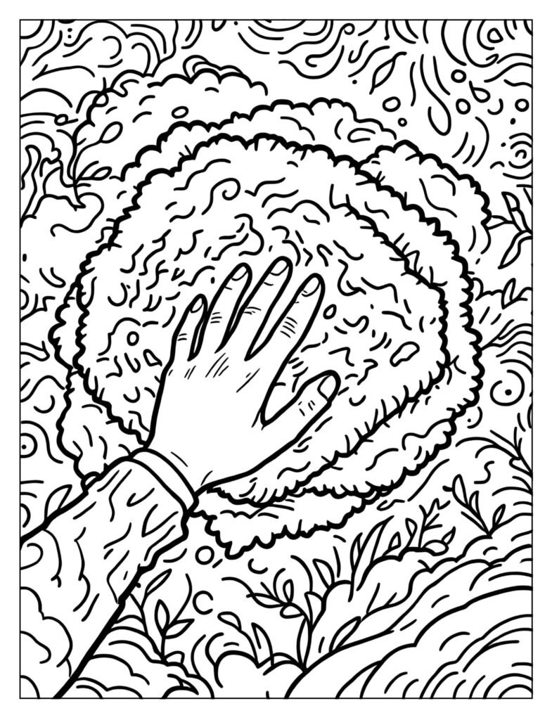A hand touching a fuzzy blanket.