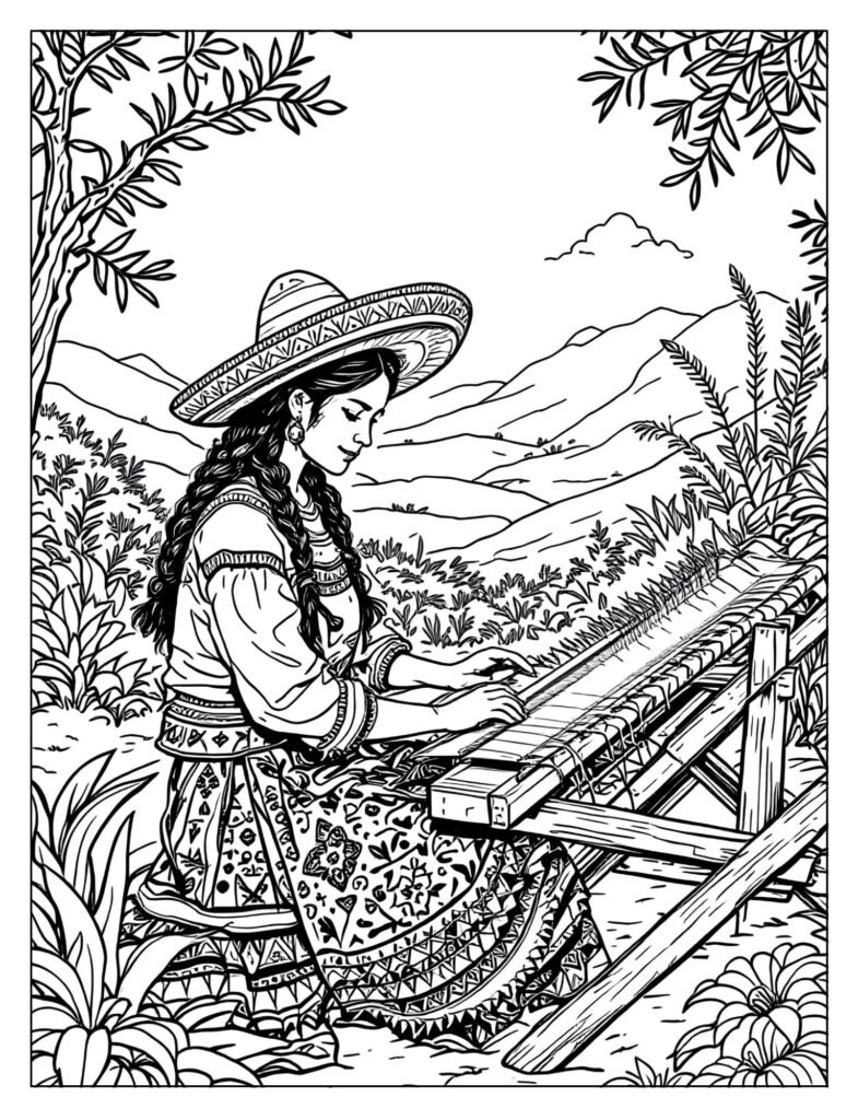 A woman in traditional Peruvian clothing weaving a colorful textile at a loom.

