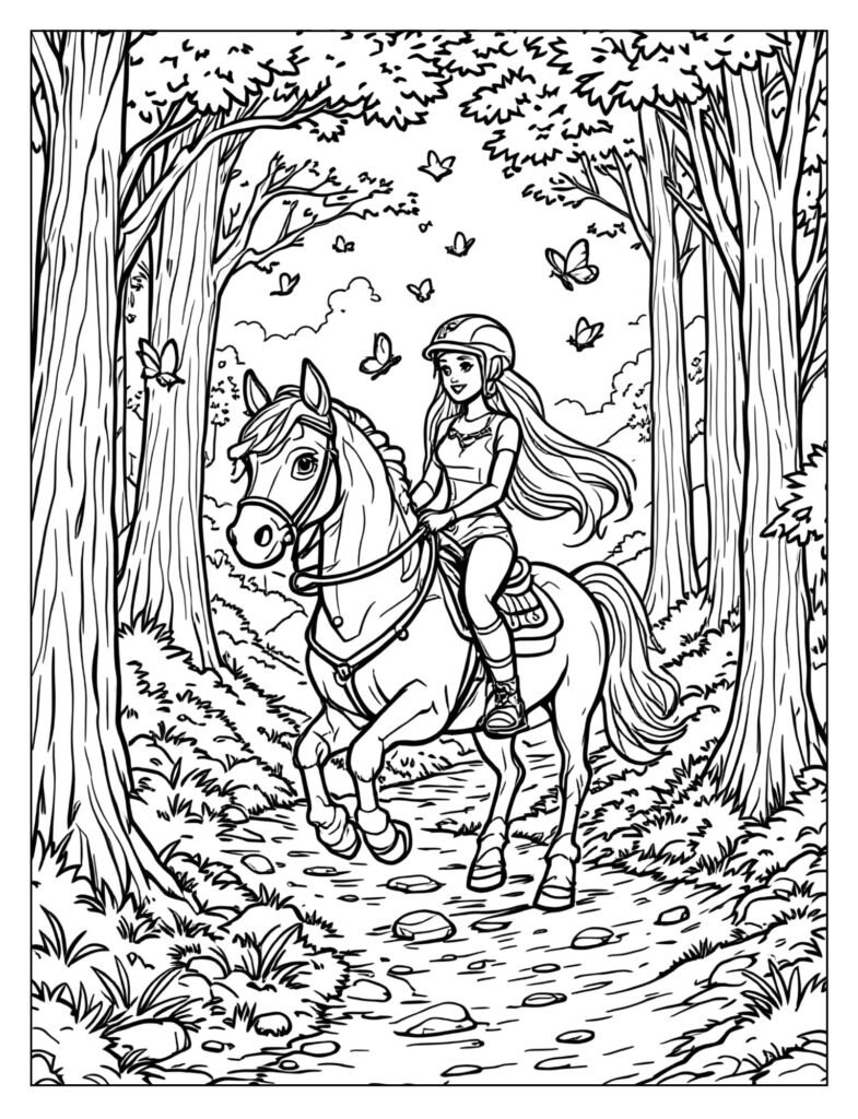 Barbie and her horse walking slowly on a winding trail through a forest of tall trees.