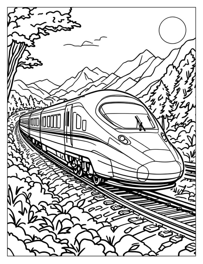 A full bullet train leaning as it takes a gentle, high-speed curve in the track.