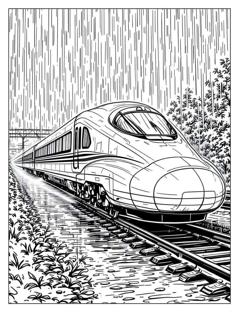 A bullet train speeding along the track on a rainy day with water streaks and reflections.
