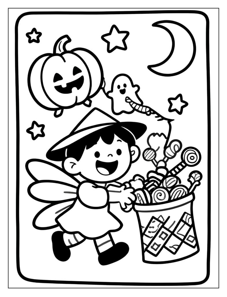 A child in a costume holding a candy bucket for trick-or-treating.