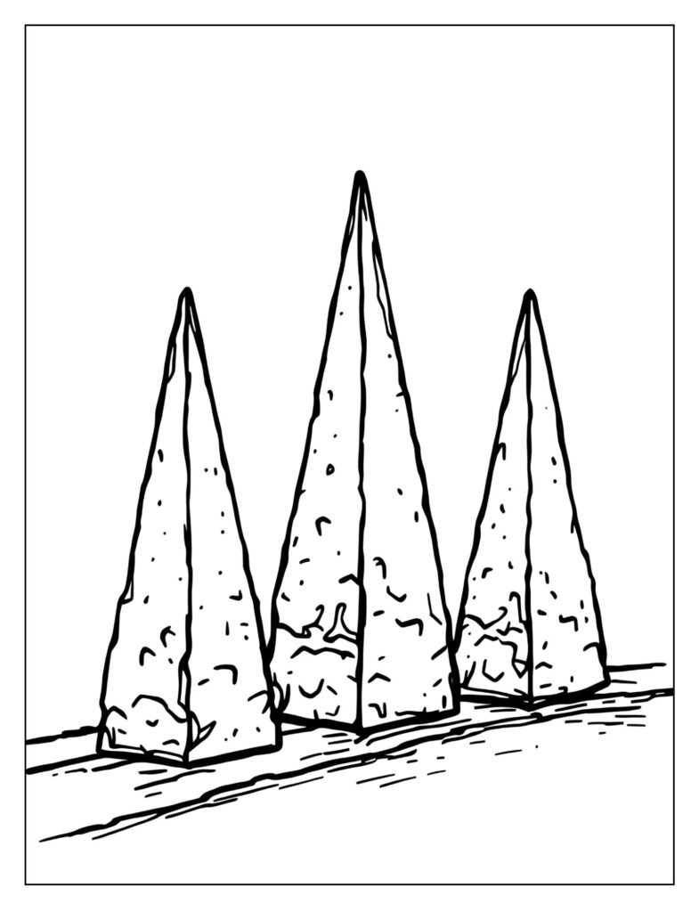 Drawing focusing only on a row of three identical, sharp triangle spikes set closely together on the ground.