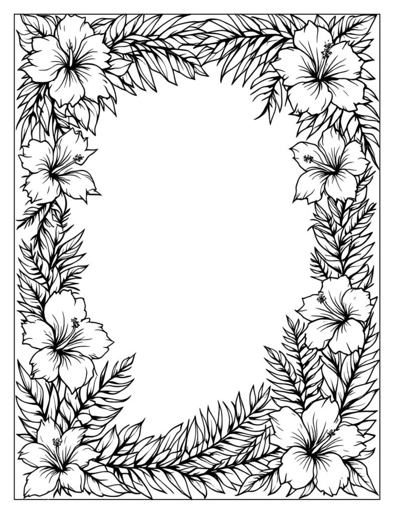 Decorative border surrounding the page, composed of alternating Plumeria, Hibiscus, and Fern leaves.