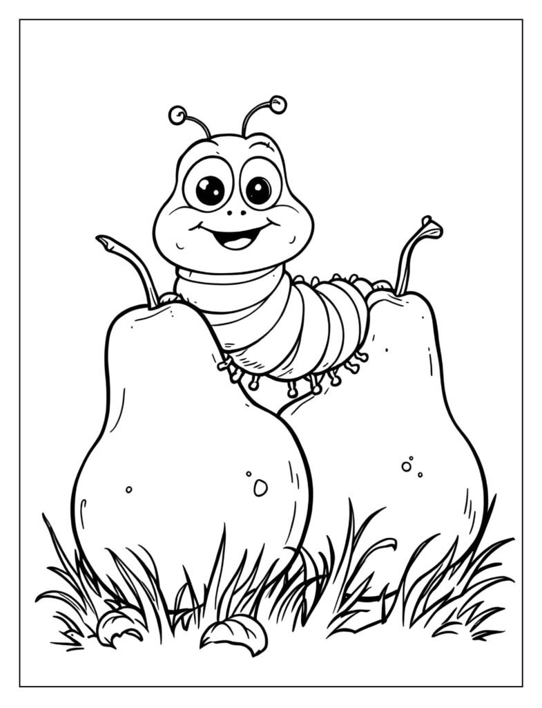 The hungry caterpillar eating through two green pears.

