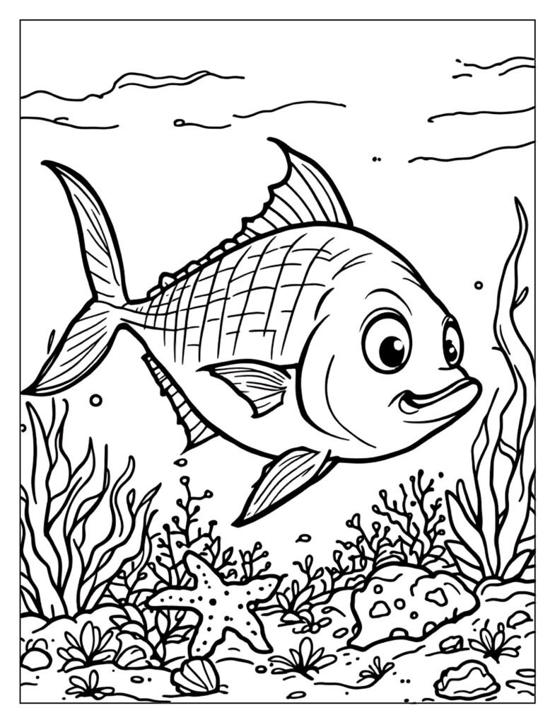 Basic line art of a Tuna Fish drawing, focusing on its basic anatomy and fins.