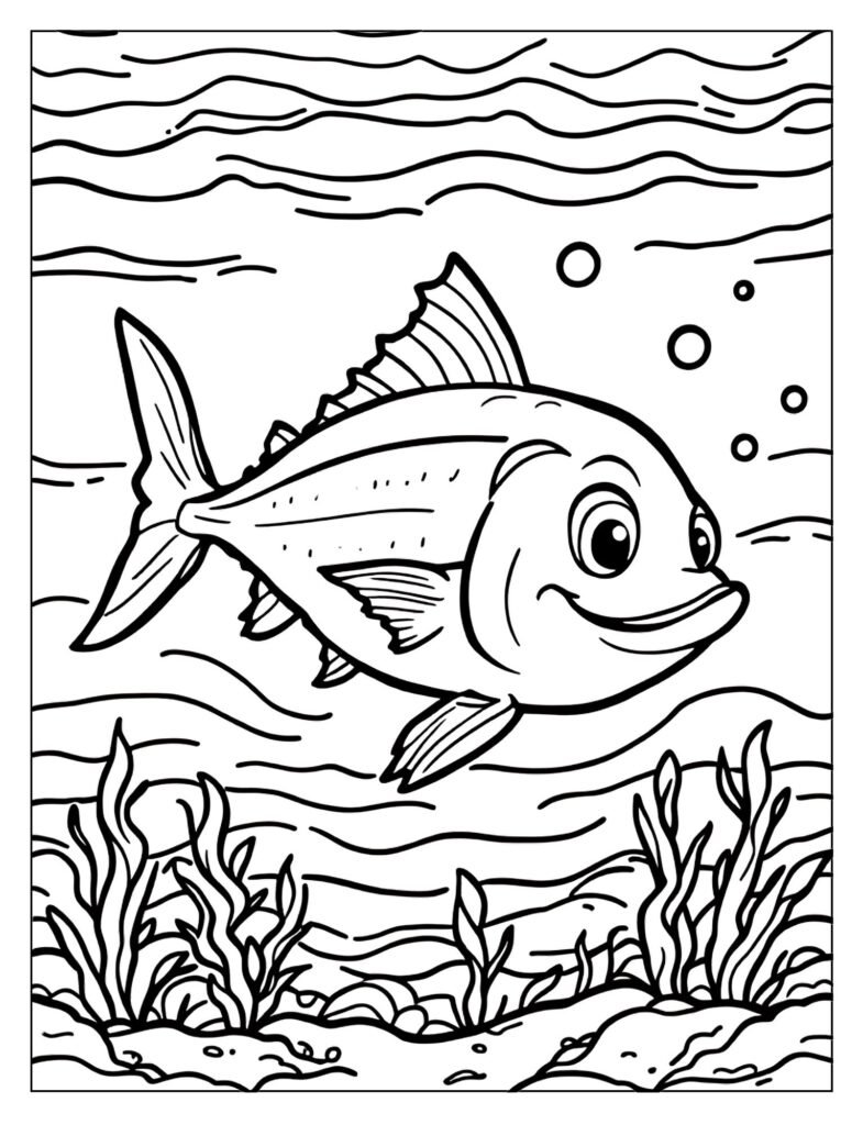 Simple outline line art of a large, torpedo-shaped Tuna