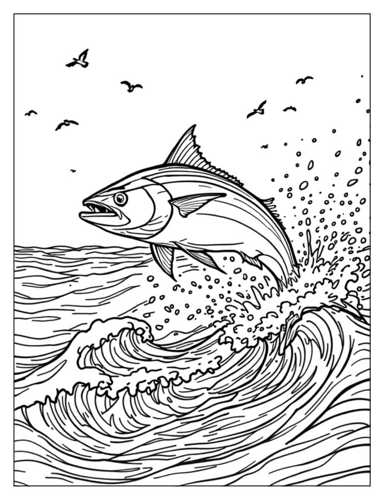 Dynamic line art of a Tuna powerfully leaping out of the water, a classic sport fishing moment.