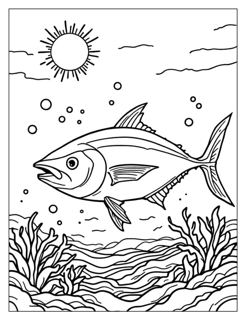 Line art of a Tuna near the surface of the water, with rays of sunlight streaming down around it.