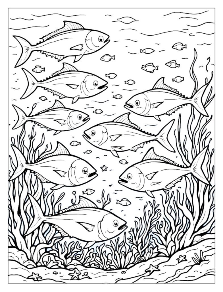 Line art emphasizing speed and movement, showing a Tuna in Motion with speed lines and a powerful tail sweep.