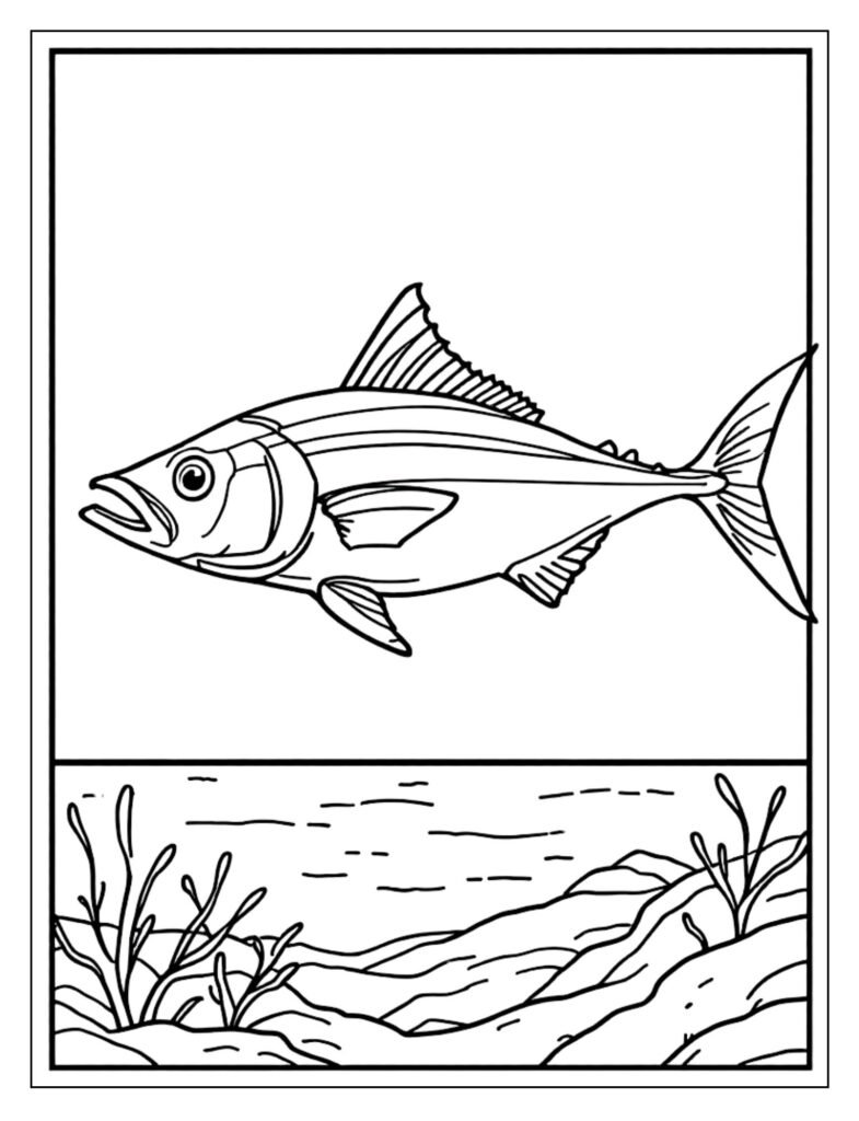 Detailed line art of a Tuna swimming rapidly in its natural ocean habitat with deep water detail.