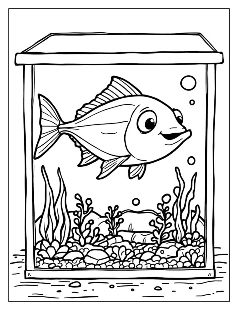 Simple line art of a Tuna in a circular or basic holding tank, used for transfer or observation.