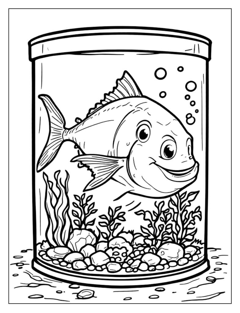 Line art of a single large Tuna swimming in a simulated environment or tank view, showing a research setting.