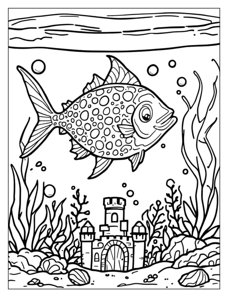Line art of a large Tuna swimming behind a massive viewing window in an oceanarium or public aquarium.