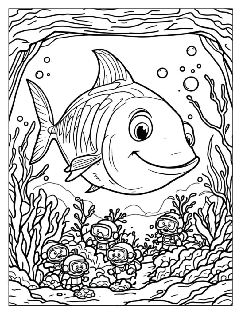 Line art of a large Tuna swimming near a school of much smaller tiny friends (small bait fish).