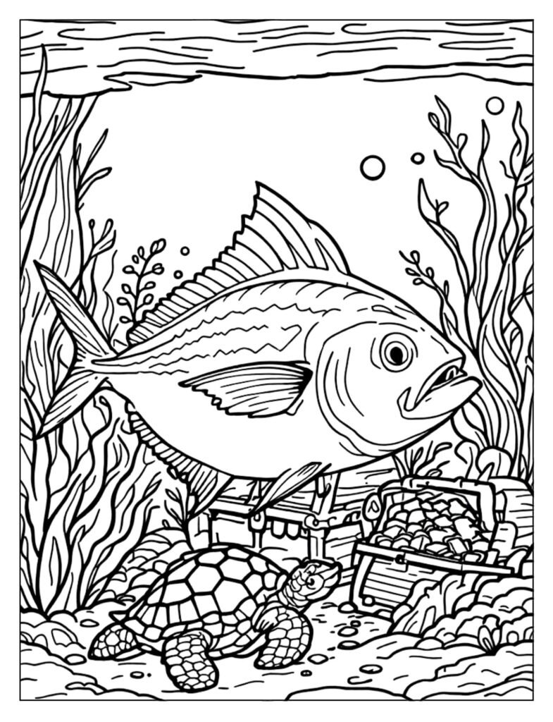 Line art showing a large Tuna swimming alongside a slower-moving, gentle Sea Turtle.