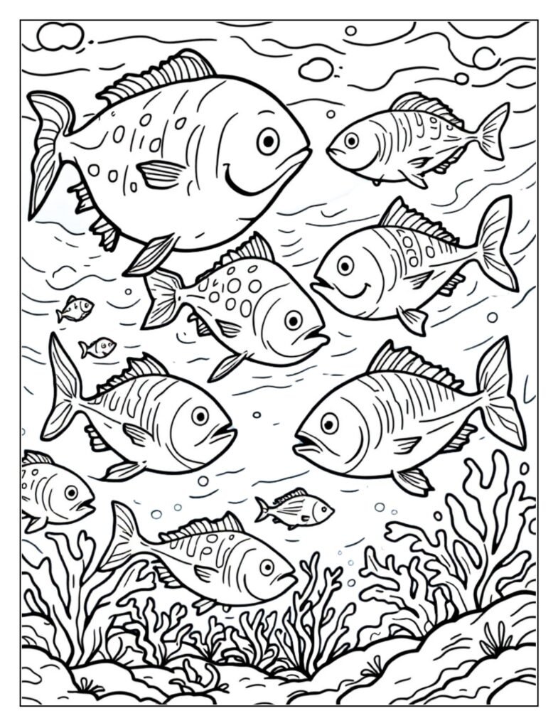 Line art showing a school of multiple large Tunas in the Ocean, swimming together in the deep blue.