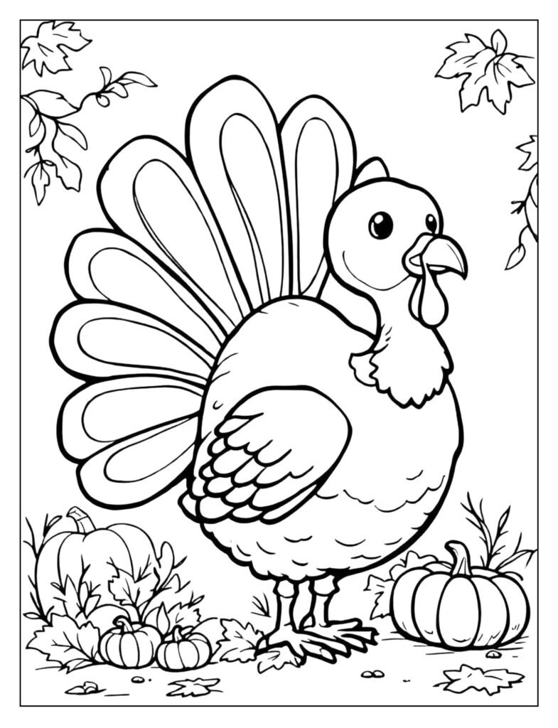 A friendly, simple cartoon turkey with its tail feathers drawn as large, easily colorable shapes.