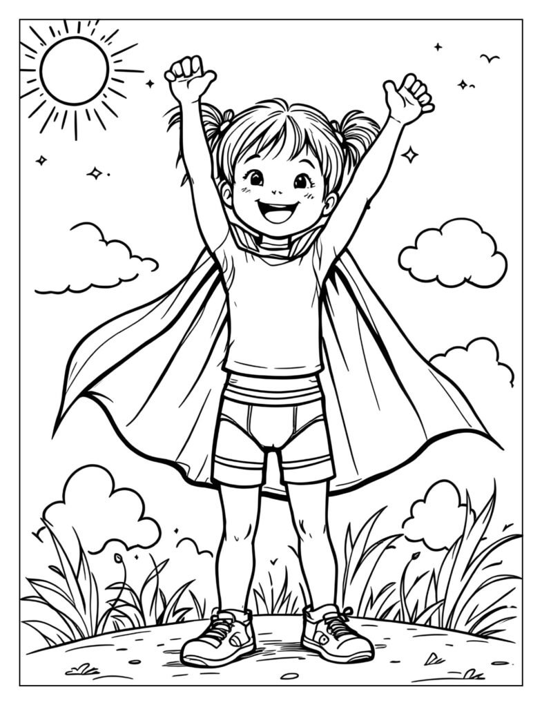 A child wearing underwear and a cape in a superhero pose.