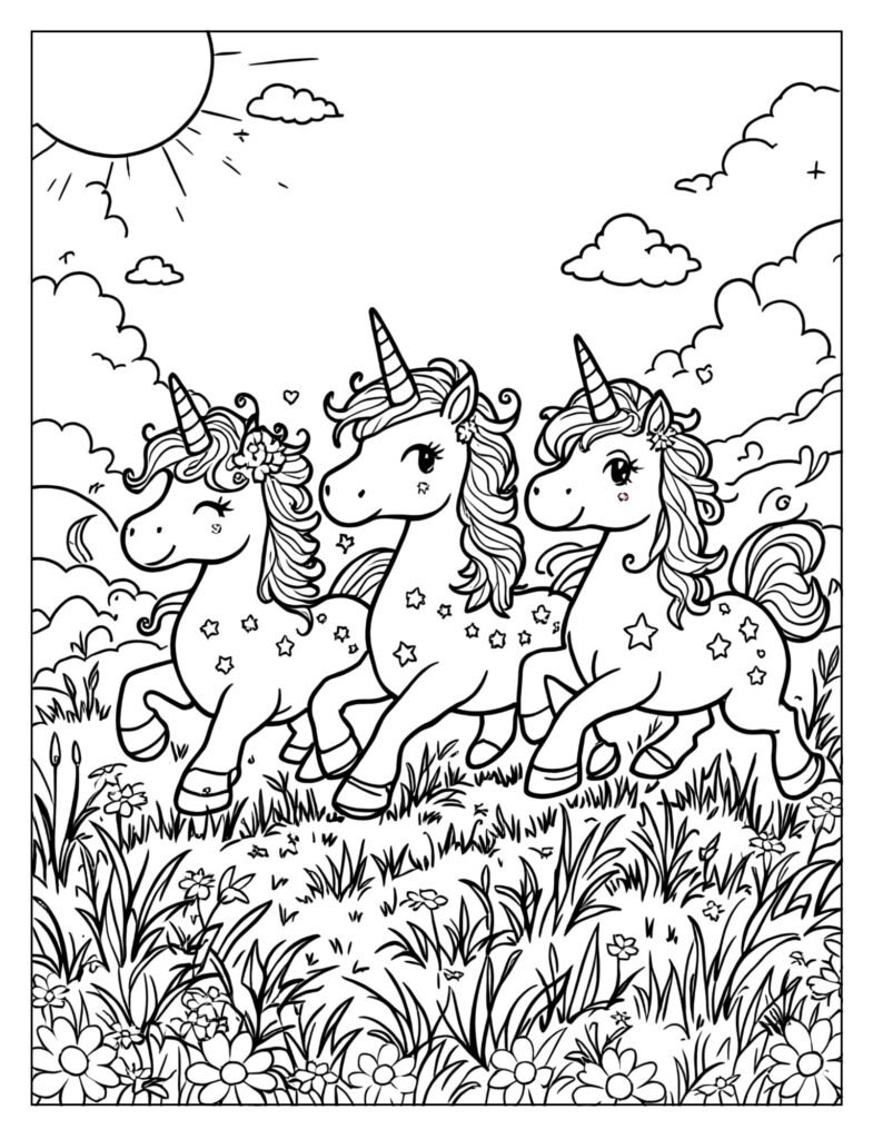 Unicorns galloping freely in sunlit meadow coloring page
