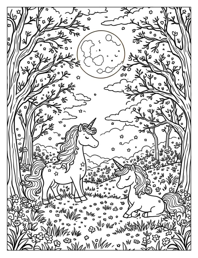 Unicorns gathered in clearing under full moon coloring page