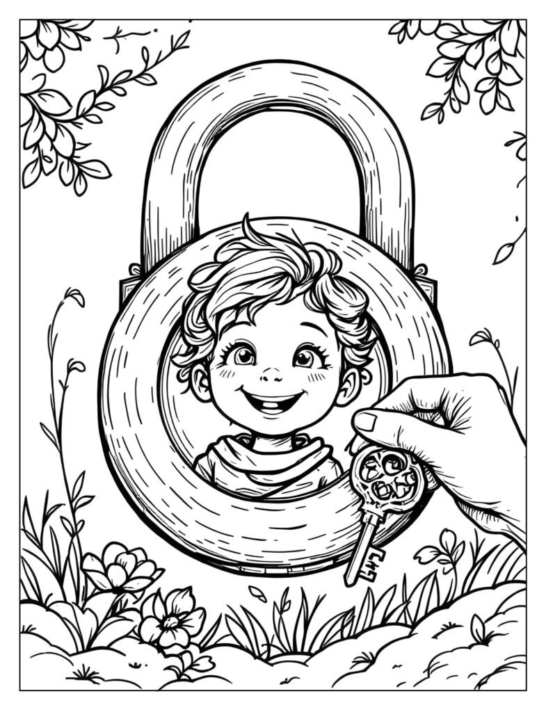 An adult hand inserting a small, intricate key into a lock that contains a child's smiling face.