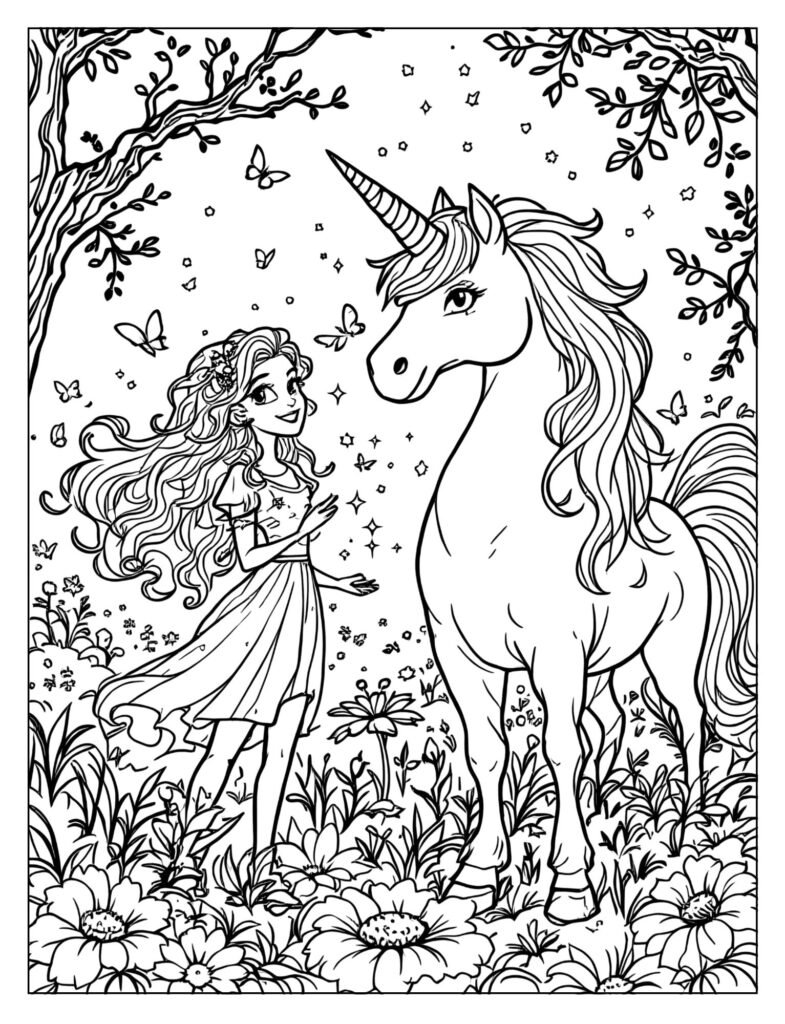 Valentina and Cinders the unicorn showing magic coloring page