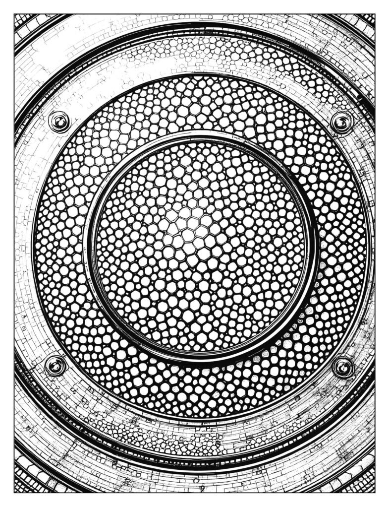 Close-up drawing of the shield's surface showing subtle hexagonal or crystalline micro-patterns to suggest Vibranium.