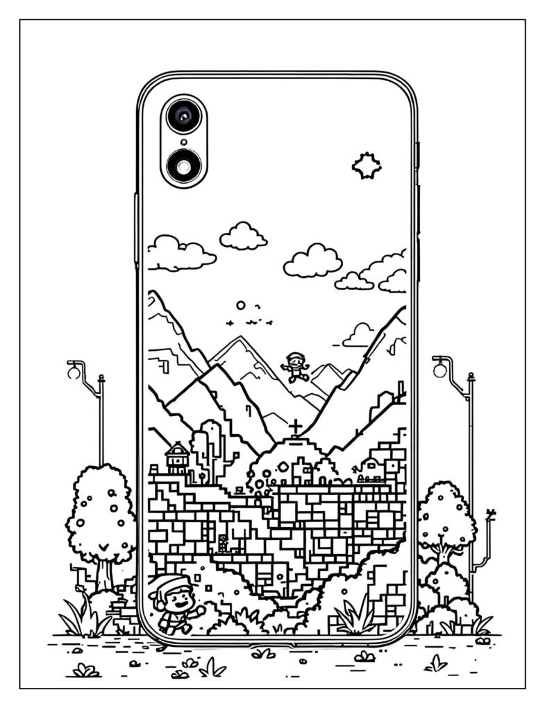 A phone case with a pixelated video game scene.