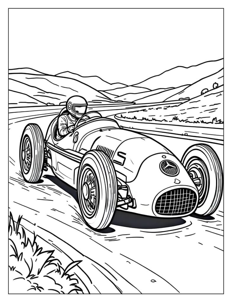 Historic drawing of a classic silver Mercedes Grand Prix race car (Silver Arrow) with an open cockpit.